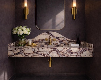Lavabo de pared de mármol Calacatta Viola con protector contra salpicaduras – Mueble de baño de lujo – Colección exclusiva de NCM