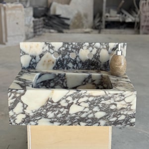 Calacatta Viola Marble Sink and Backsplash | Wall Mounted Luxury Handmade Stone Basin image 4