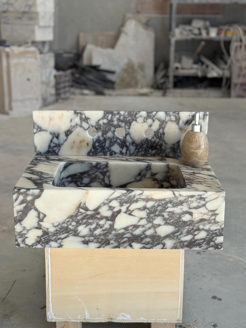 Calacatta Viola Marble Sink and Backsplash | Wall Mounted Luxury Handmade Stone Basin image 4