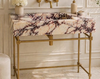 Lavabo de lujo de mármol Calacatta Viola con patas doradas – Mueble de baño independiente tipo consola