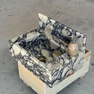 Calacatta Viola Marble Sink and Backsplash | Wall Mounted Luxury Handmade Stone Basin image 10