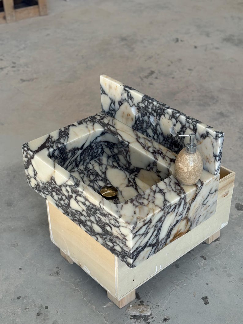 Calacatta Viola Marble Sink and Backsplash | Wall Mounted Luxury Handmade Stone Basin image 10