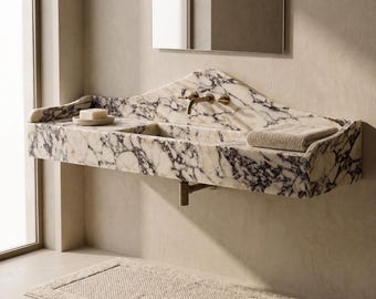 An der Wand befestigtes Waschbecken aus Calacatta Viola-Marmor mit Aufkantung - Luxus-Badezimmereitelkeit - NCM Exclusive Collection