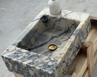 Lavabo de mármol de pared, lavabo de piedra natural hecho a mano y personalizado, tocador de baño de lujo.