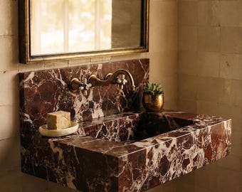 Handcrafted Rosso Levanto Marble Sink with Backsplash | Luxury Floating Wall Mounted Bathroom Vanity