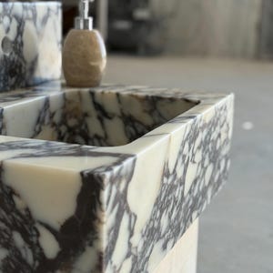 Calacatta Viola Marble Sink and Backsplash | Wall Mounted Luxury Handmade Stone Basin image 13