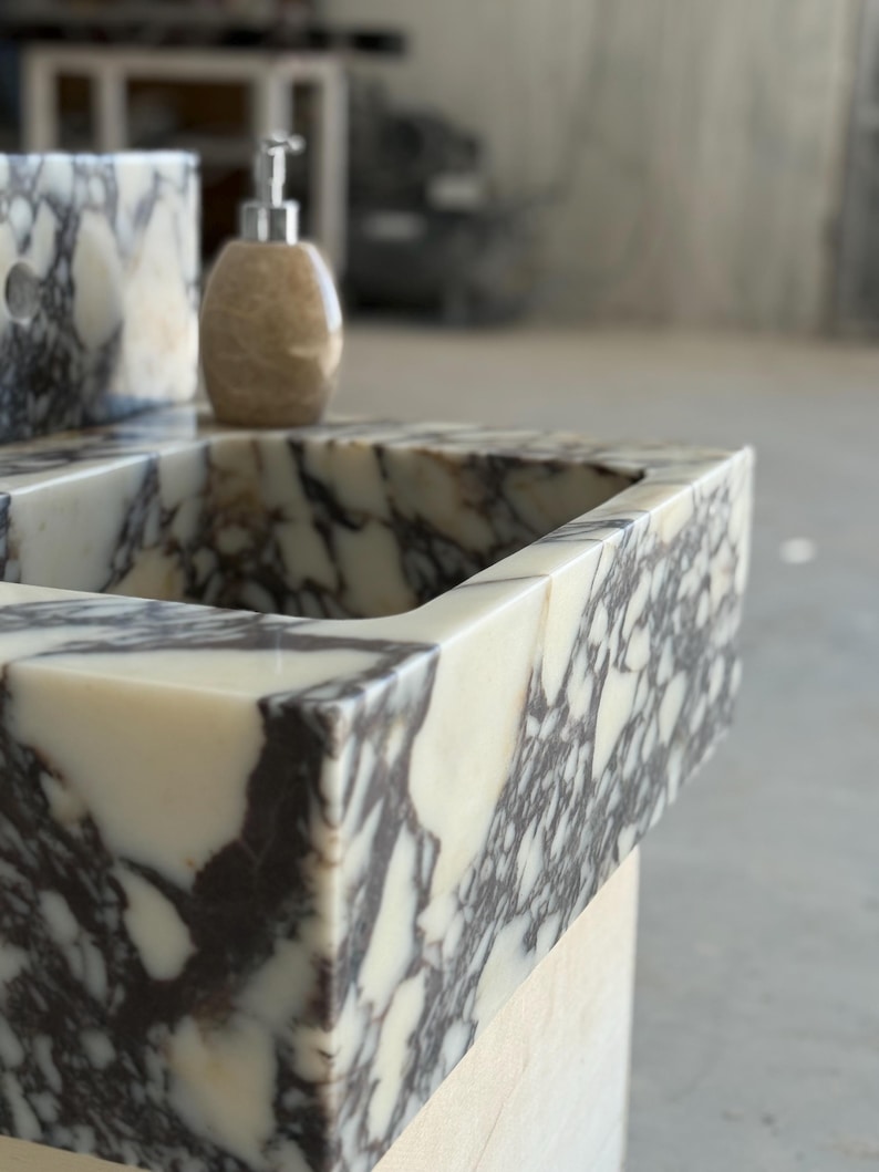 Calacatta Viola Marble Sink and Backsplash | Wall Mounted Luxury Handmade Stone Basin image 13