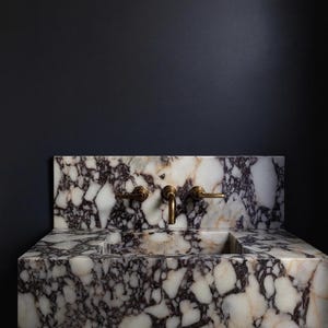 Rectangular Calacatta Viola marble sink, handmade wall mounted stone basin with marble backsplash, modern luxury bathroom sink