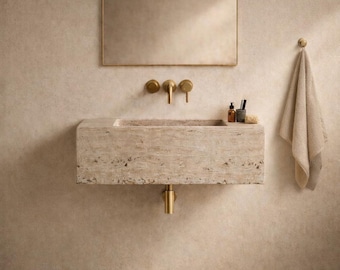 Lavabo mural de mármol travertino, lavabo de piedra natural suspendido