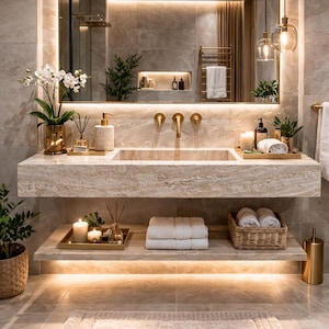 Luxury Travertine Wall Mounted Sink with Shelf – Handmade Natural Stone Vanity – NCM Exclusive Collection