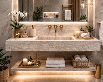 Lavabo de pared de travertino de lujo con repisa – Tocador de piedra natural hecho a mano – Colección exclusiva de NCM