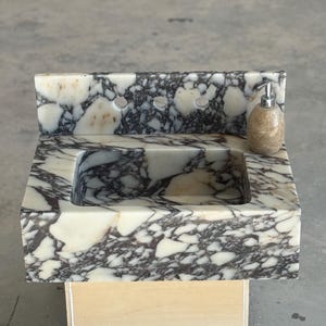 Calacatta Viola Marble Sink and Backsplash | Wall Mounted Luxury Handmade Stone Basin image 3
