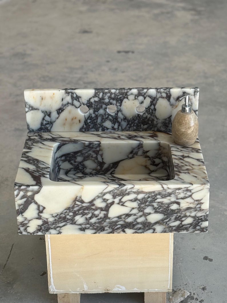 Calacatta Viola Marble Sink and Backsplash | Wall Mounted Luxury Handmade Stone Basin image 3