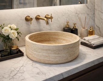 Lavabo de mármol travertino, travertino de lujo, lavabo de baño de piedra natural hecho a mano