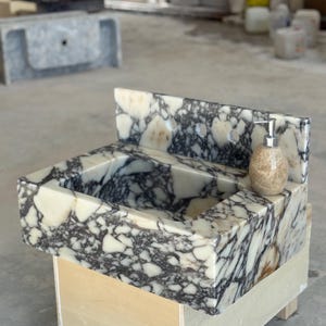 Calacatta Viola Marble Sink and Backsplash | Wall Mounted Luxury Handmade Stone Basin image 11