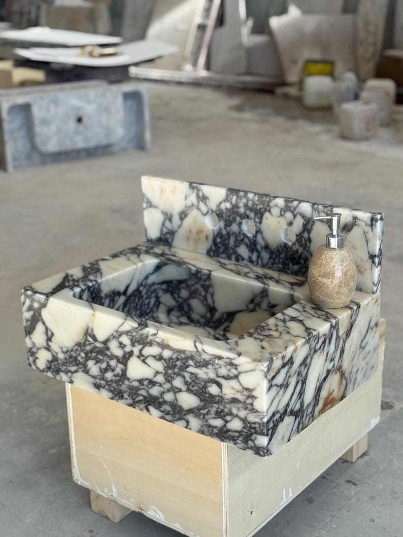 Calacatta Viola Marble Sink and Backsplash | Wall Mounted Luxury Handmade Stone Basin image 11