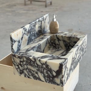 Calacatta Viola Marble Sink and Backsplash | Wall Mounted Luxury Handmade Stone Basin image 9