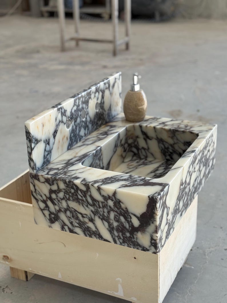Calacatta Viola Marble Sink and Backsplash | Wall Mounted Luxury Handmade Stone Basin image 9