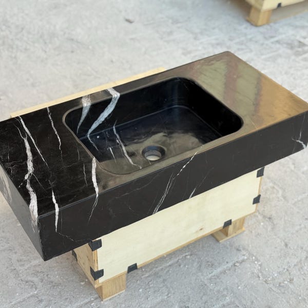 Nero Marquina Marble Sink – Luxury Wall Mounted Bathroom Basin – Handmade Black Stone Vanity