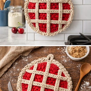 May include: A round, red and tan crochet potholder resembling a pie. The center is red, with a tan lattice design and border. It has a loop for hanging. The potholder is shown in two settings, one hanging on a white tile wall and the other on a wooden surface.