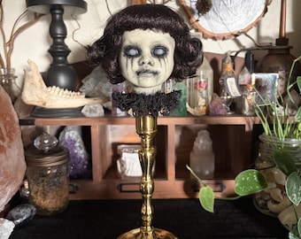 Porcelain Head Relic - Gothic Doll Head on Vintage Candlestick - Agnes