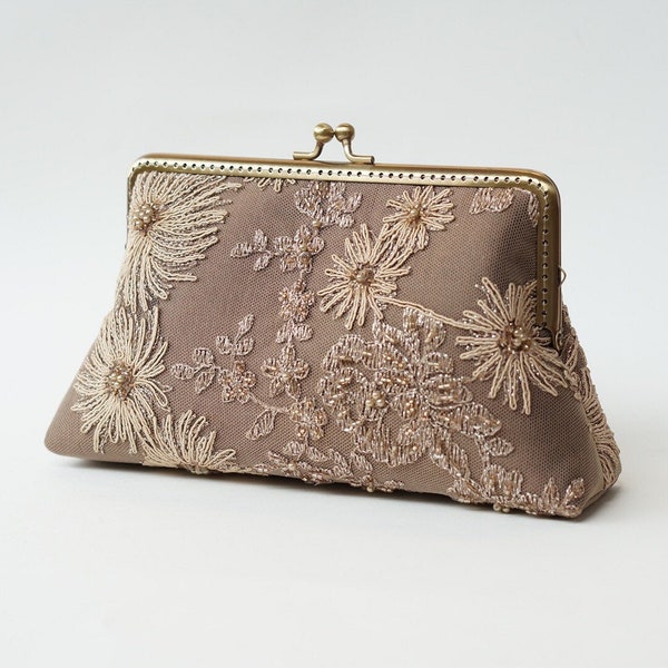 Brown Evening Clutch Bag / Terra Cotta Silk Handbag / Wristlet Purse / Bridal Clutch