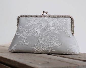 Gray Rhinestone Evening Clutch Bag / Grey Silk Handbag / Silver wristlet / Bridal Clutch