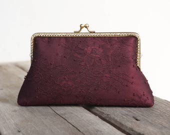 Burgundy Chantilly Clutch / Purse / Wedding / Bridesmaid Gifts / Bag / Handbag with Chain Strap