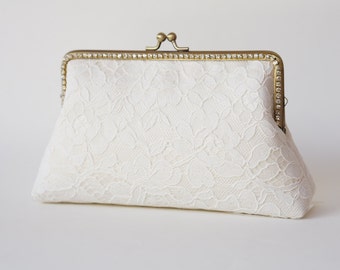 Ivory Alencon Lace Clutch with chain ( or Choose your color) / Bridal Purse / Evening clutch / Bridal Party clutch  / Bridemaid Clutch