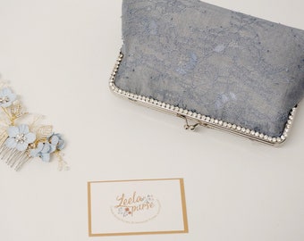 Dusty Blue Rhinestone Evening Clutch Bag / Blue Grey Silk Handbag / Silver wristlet / Bridal Clutch