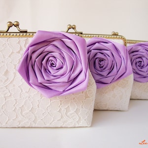 Lavender Weddings / Personalize your Bridesmaid Gifts with Set of 3 Lace Clutches and Purple Silk Roses image 1