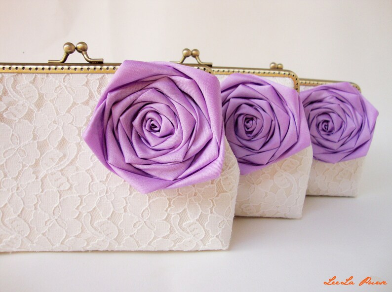 Lavender Weddings / Personalize your Bridesmaid Gifts with Set of 3 Lace Clutches and Purple Silk Roses image 1