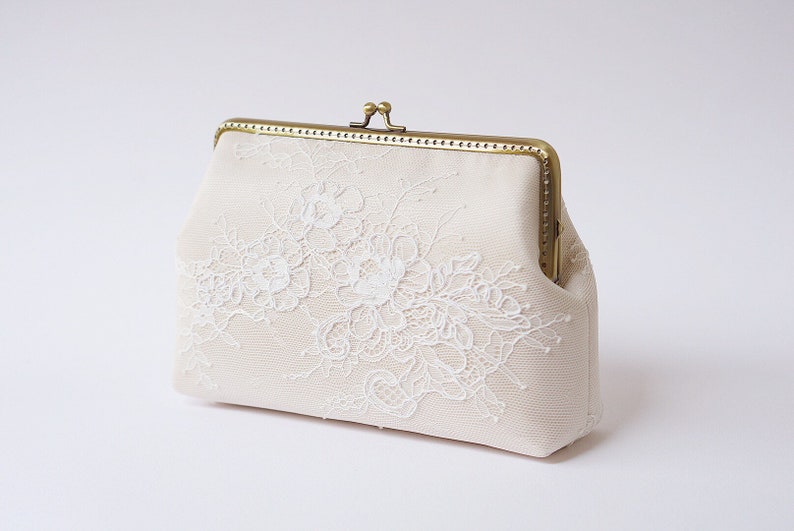 Champagne silk Ivory Lace Clutch / Wedding Party / Gift ideas / Formal Party / Bridal clutch / Bridesmaid Gifts image 1