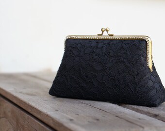 Cocktail clutch /  Black French  Lace clutch with Wristlet Chain / Formal purse / Bridal Accessories