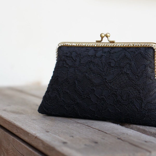 Cocktail clutch /  Black French  Lace clutch with Wristlet Chain / Formal purse / Bridal Accessories