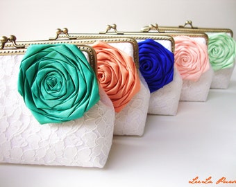 bridesmaids clutch bags / set of 5 bridesmaid clutches / Jade, Orange, Blue, Peach, Mint / wedding clutches