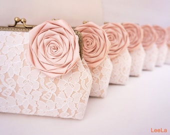 Blush Glamorous vintage wedding 7* Lace Clutches / Bridesmaid Clutch / Bridal Party / You Choose The Color Flower and Lining