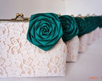 Emerald green Wedding / 7 * Bridesmaid Clutches / Bridal Party / You Choose The Color Flower and Lining