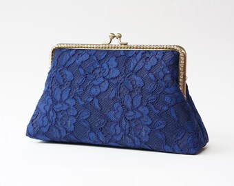 Mariage nautique, pochette en dentelle française bleu marine, pochette de mariée, cadeau de mariage, accessoire de mariée, mariage vintage, sac à main de soirée