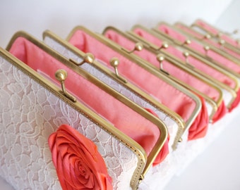 Coral Wedding / Bridesmaids gifts / set of 6 Lace clutches with chains / wristlet clutches - or choose your own initial option