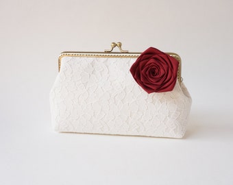 Fall wedding red clutch, create a keepsake for your bridesmaids - You Choose Lining, Flower, and Personalization