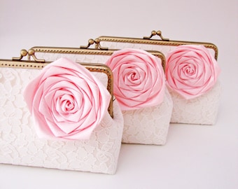 Personalize Bridesmaid Gifts Set of 3 Lace Clutches and Pink Silk Rose Flower brooches