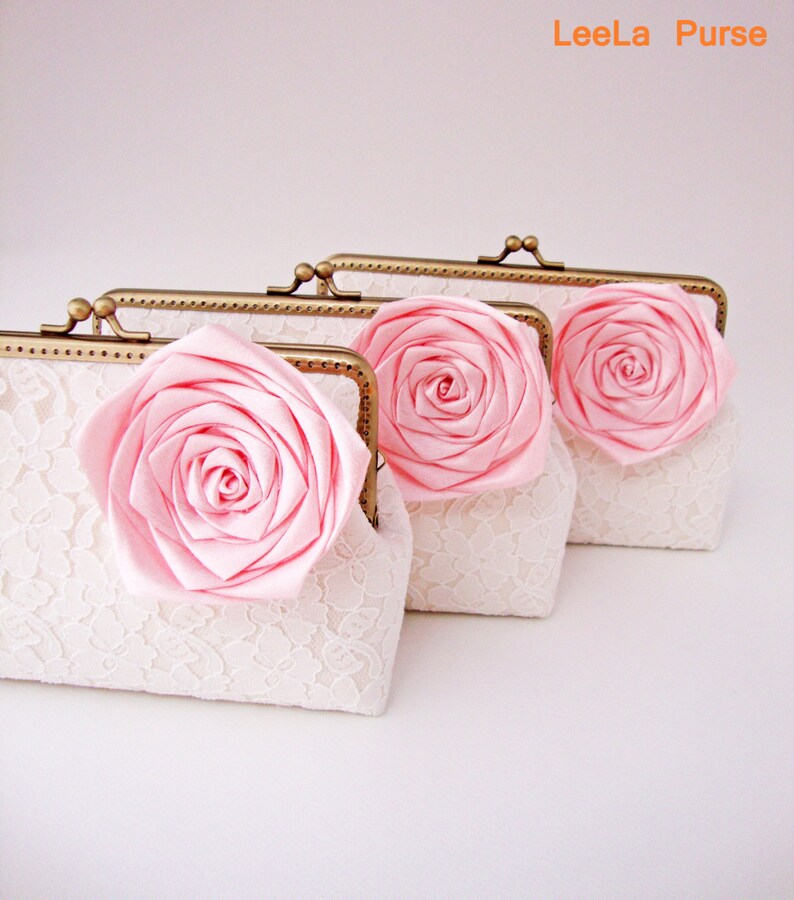 Personalize Bridesmaid Gifts Set of 3 Lace Clutches and Pink Silk Rose Flower brooches image 1
