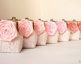 7 Lace Wedding Clutches with Silk Roses / Bridesmaid Clutch / Bridal Party / You Choose The Color Flower and Lining