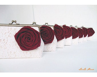 Red Bridesmaid/  8* Wedding Clutches with Silk Roses and Custom personalized Label Tag /Rustic Fall