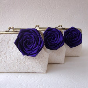 Royal Blue Wedding Party / Bridesmaids gift Set of 3 Lace Clutches , You Choose Lining, Flower, and Personalization
