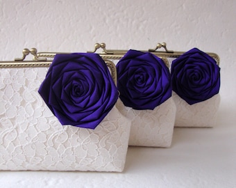 Royal Blue Wedding Party / Bridesmaids gift Set of 3 Lace Clutches , You Choose Lining, Flower, and Personalization