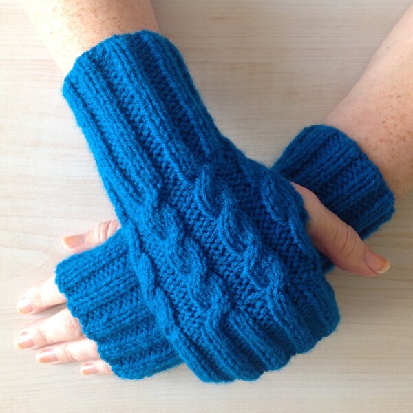 Ladies Dark Turquoise Cable Stitch Hand Warmers. Hand Knitted in Scotland.