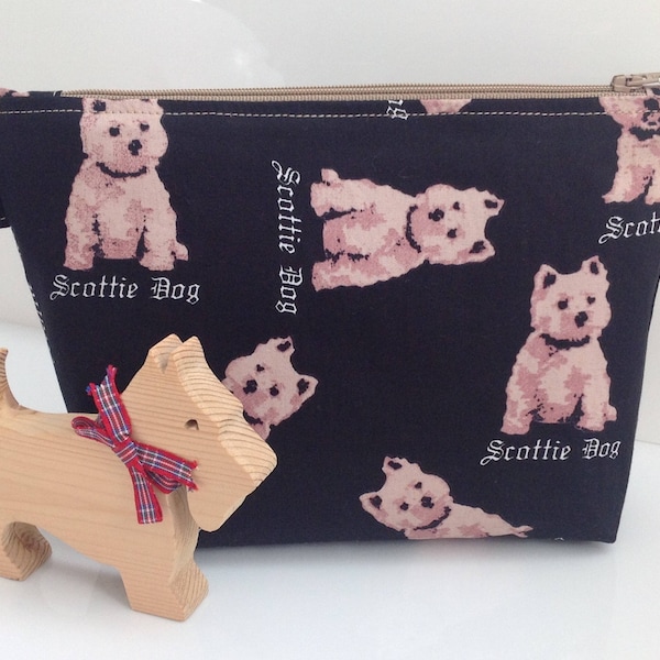 Black Westie Scottie Dog Fabric Cosmetic Bag - Handmade in Scotland