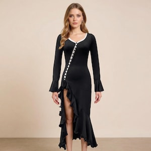 Black Flamenco Dress for Women, Ballroom Latin Dance Gown, Long Sleeve Ruffle Slit Performance Dress, Elegant Tango Costume